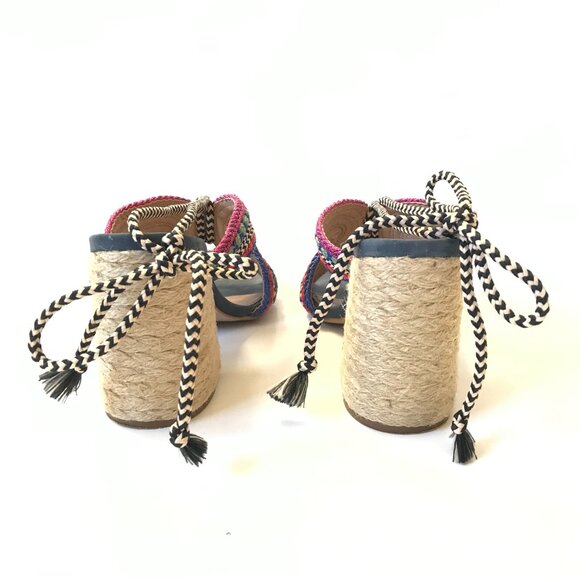 Anthropologie Ferracci Lace Up Kilim Sandals Womens 39 9 Pink Blue Block Heels - Picture 8 of 11